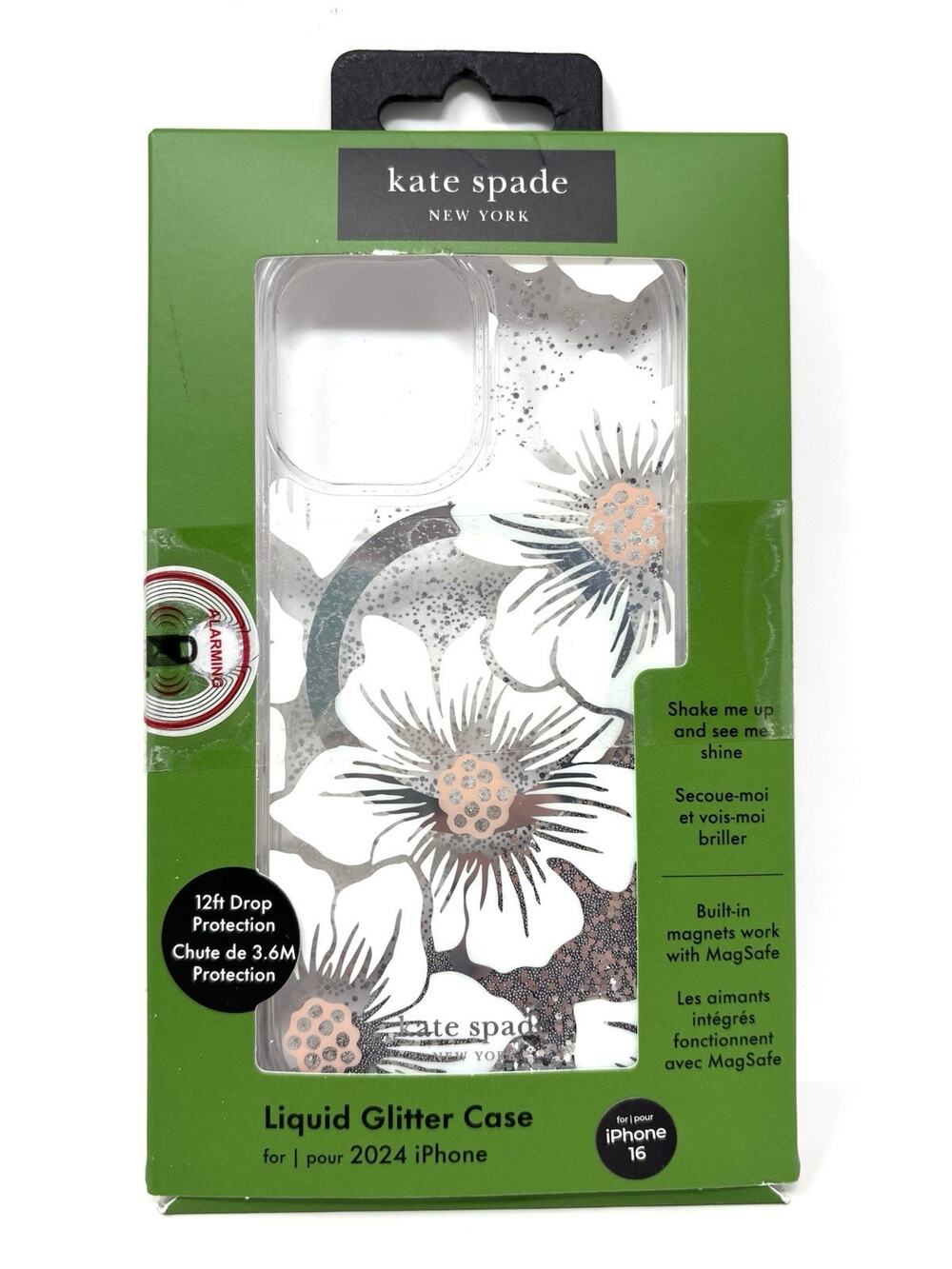 KATE SPADE iPhone 16 case Liquid Glitter Hollyhock Floral MagSafe Protective NIB